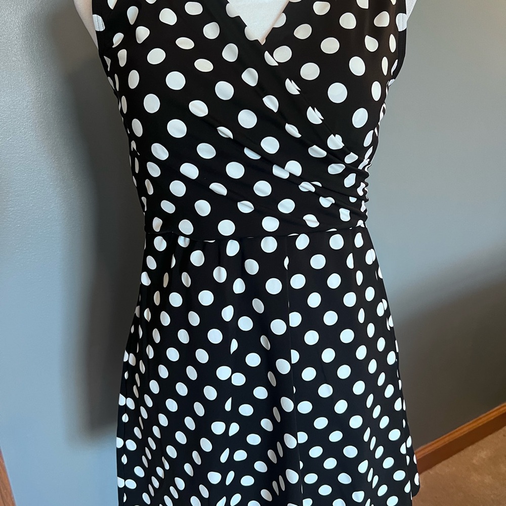 Lands' End Black and White Polka  Dot One Piece Swimsuit Dress